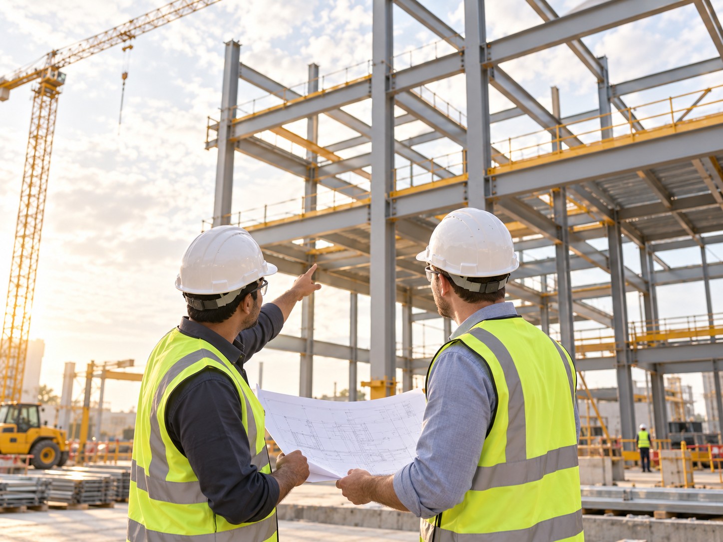 Two site engineers reviewing a drawing, steel framing rising behind them.