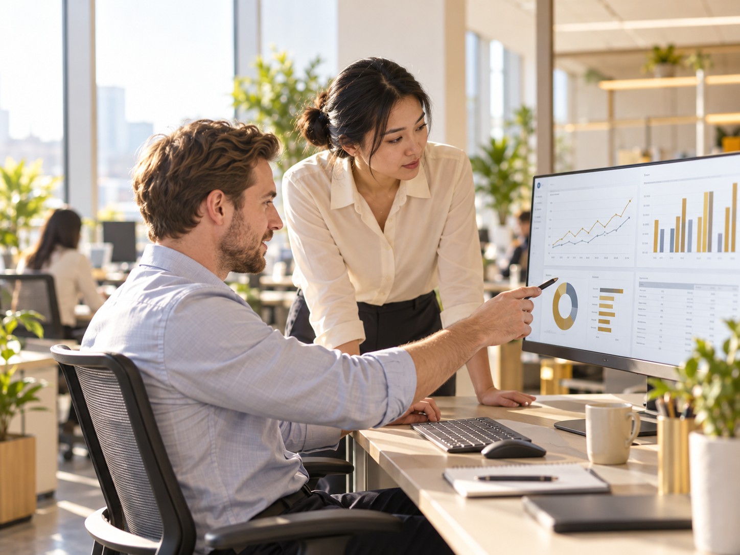 An analyst walking a colleague through a dashboard at a sunlit desk.