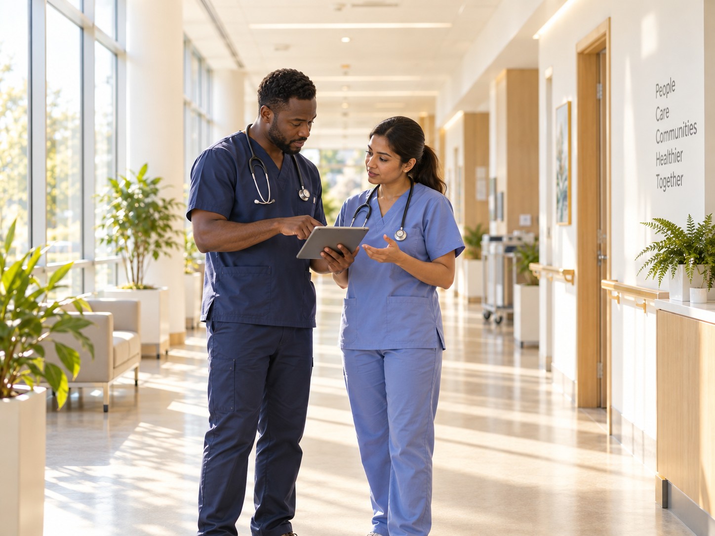 Two clinicians conferring over a tablet in a calm, daylit hospital corridor.