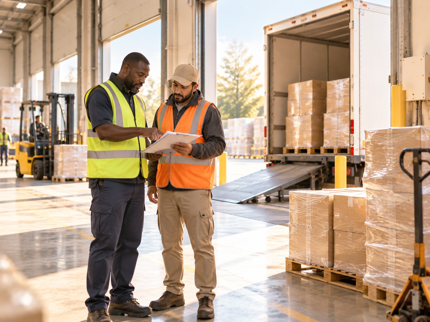 Supervisor and driver checking a manifest together at a bright loading dock.