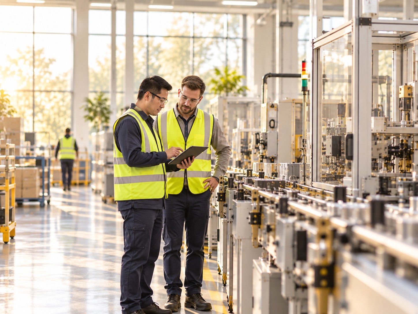 Two technicians beside a sunlit production line, reviewing something on a tablet.