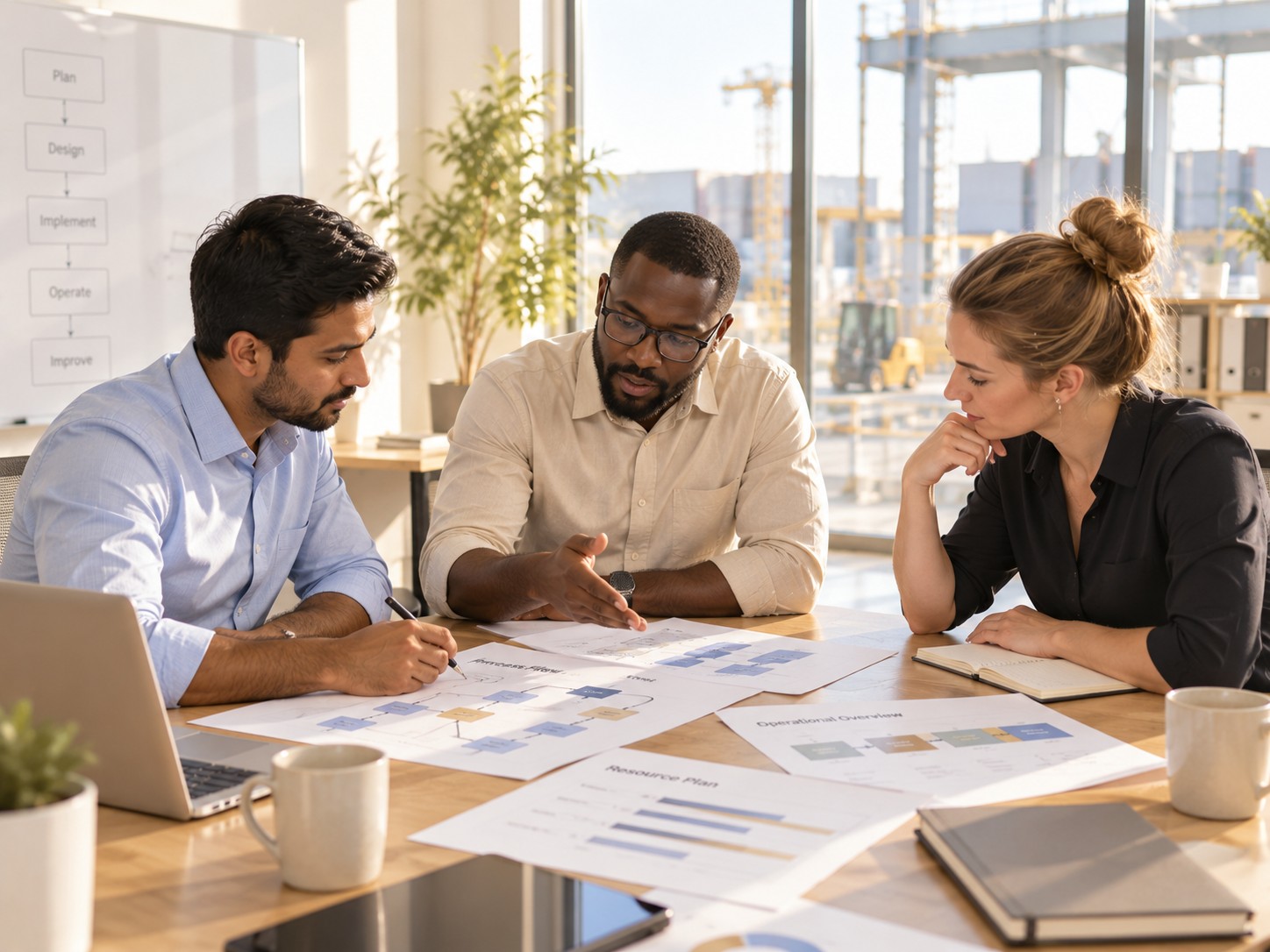 Three colleagues mid-working-session over printed process diagrams.