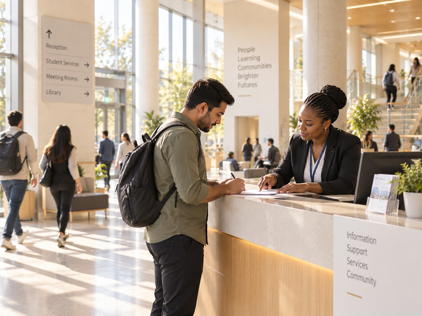 An administrator helping someone at a counter in a daylit civic atrium.