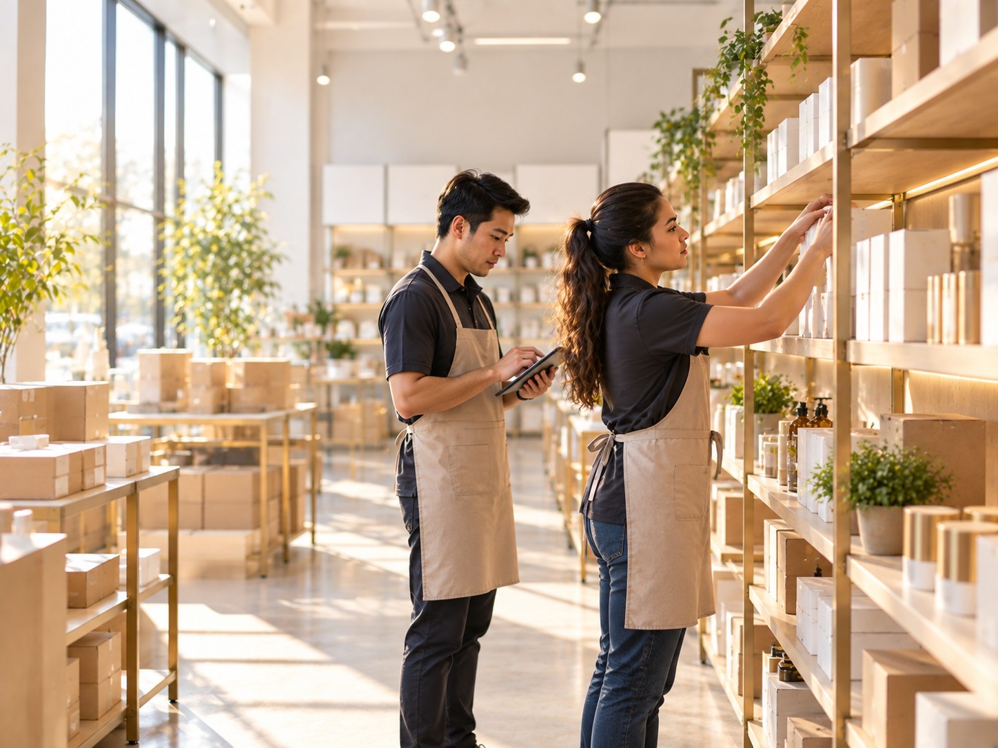 Retail associates arranging stock and checking a handheld device, sunlit interior.