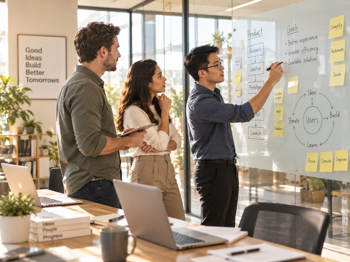 Founders mapping something out on a sticky-note wall in a bright workspace.