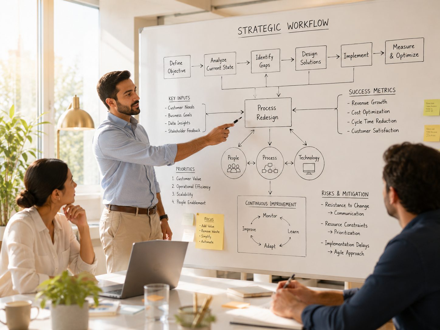 A strategy session mapping a business process on a whiteboard