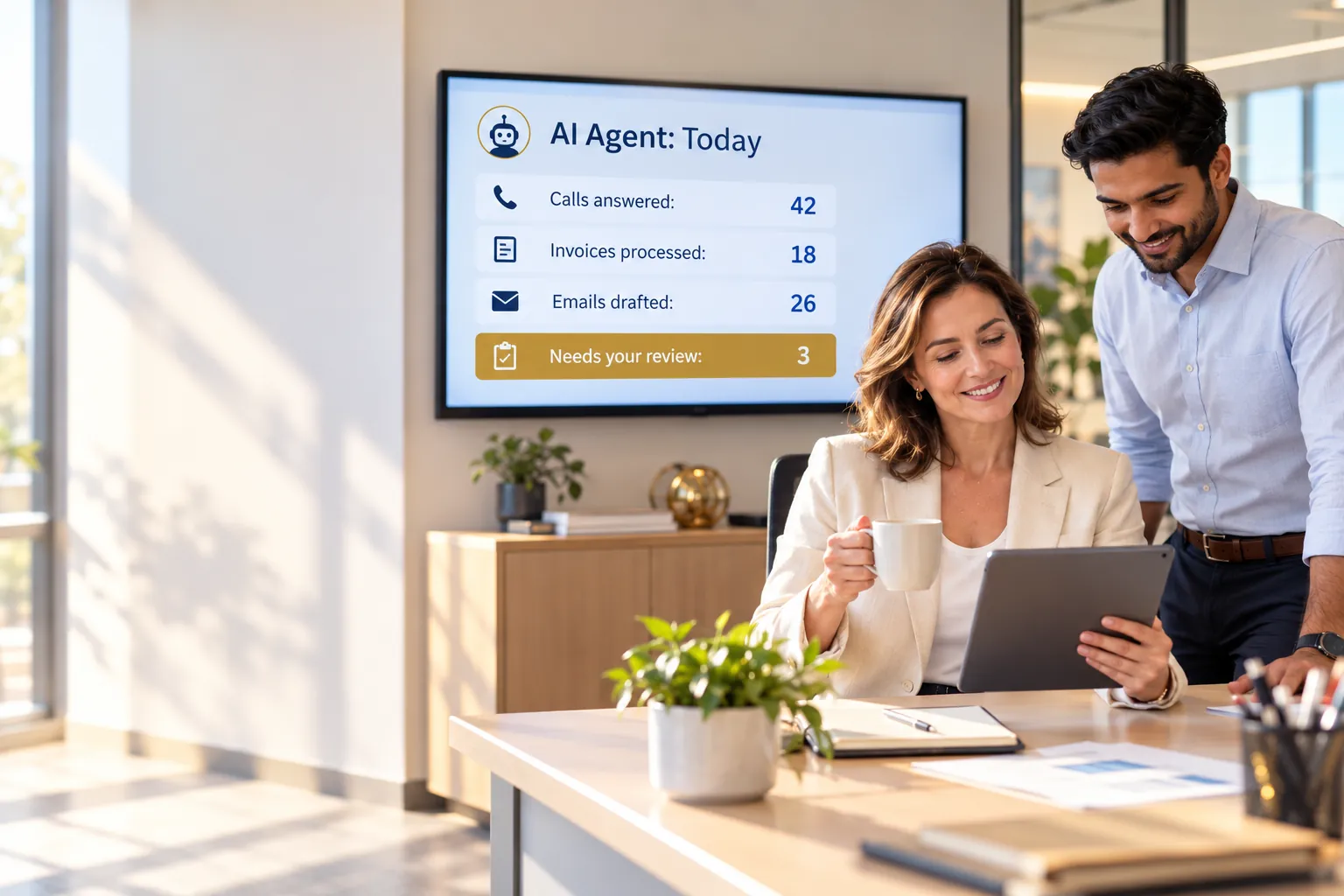 A small-business owner reviewing an automated workflow on a laptop.