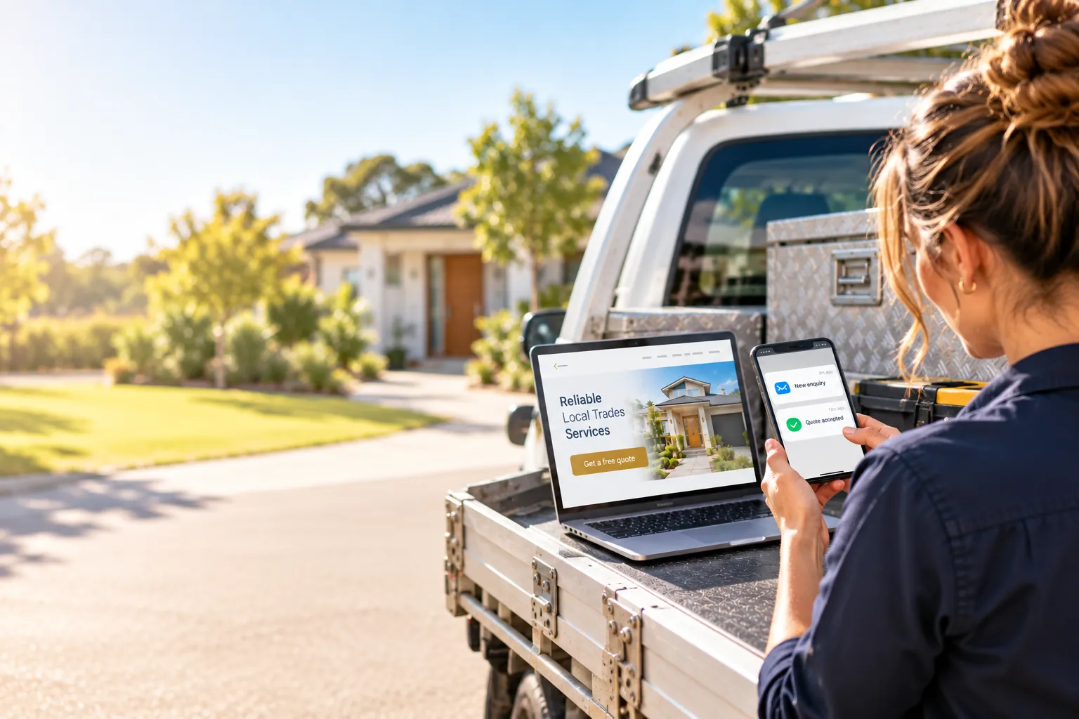 A tradie beside their ute checking a new enquiry on their phone