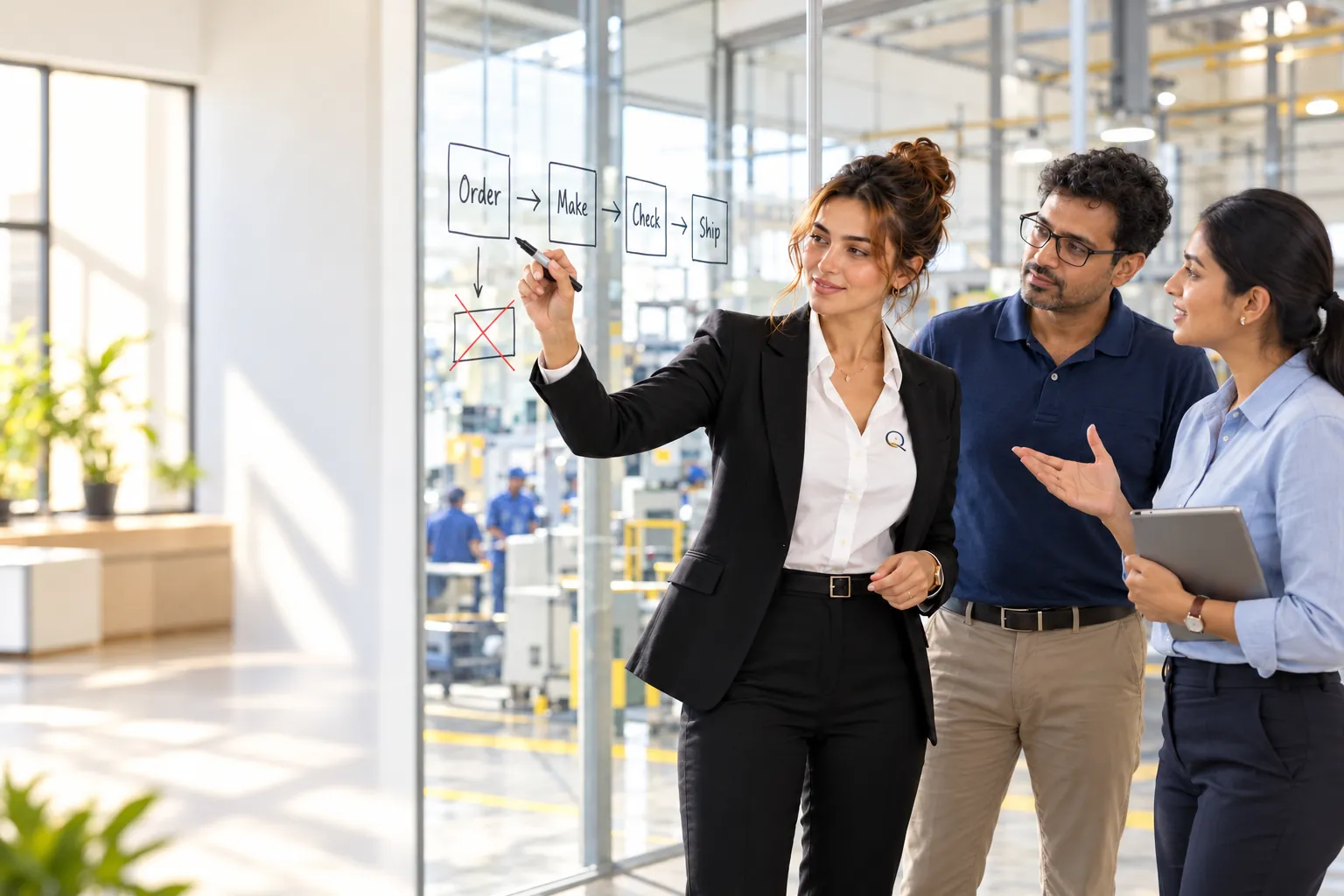 A Qamira consultant maps a simple Order, Make, Check, Ship process on a glass wall with a factory operations manager and a supervisor.