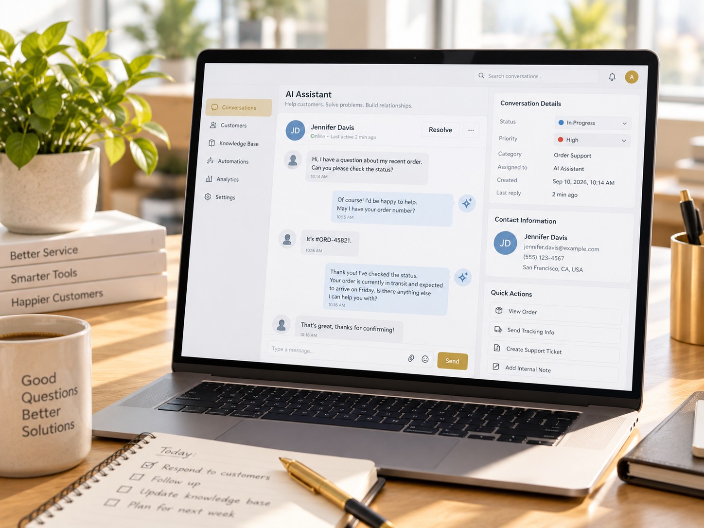 A laptop displaying a generic AI customer assistant chatbot interface