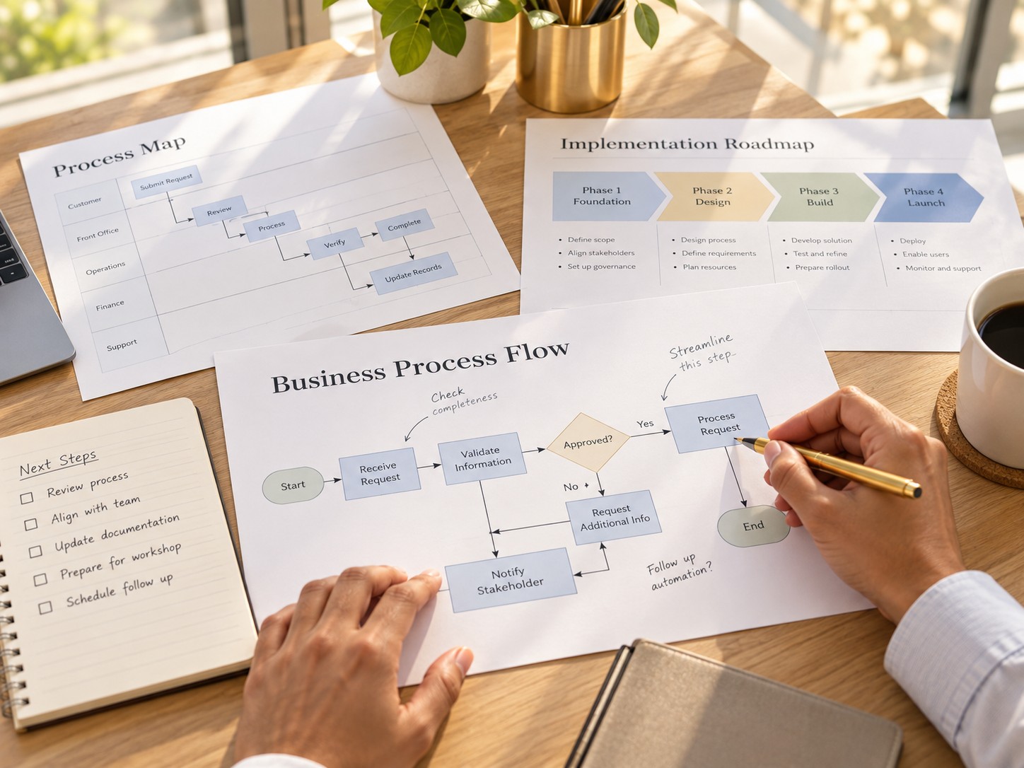 Hands annotating a printed business process map on a sunlit desk